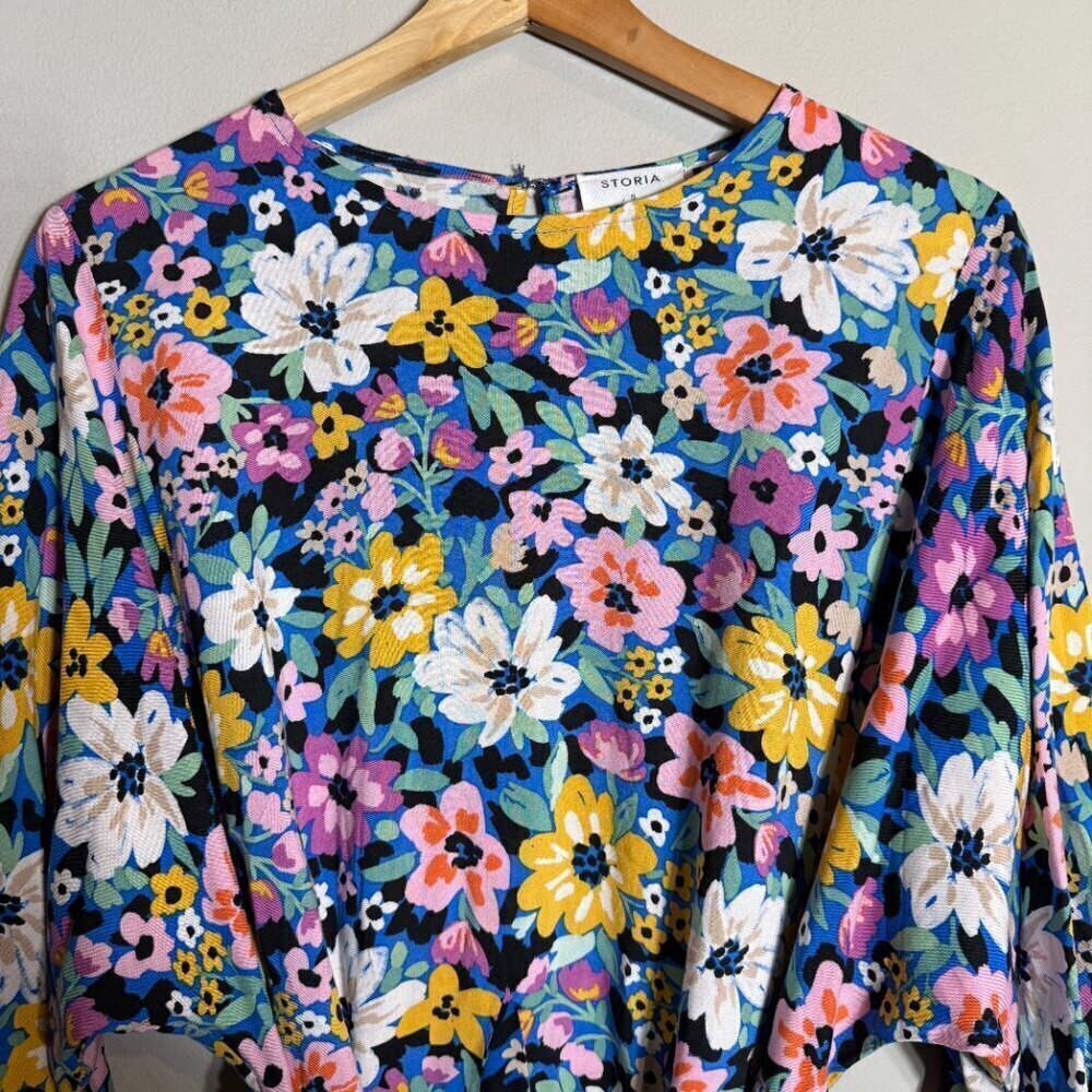 Storia Balloon Sleeve Floral Mini Swing Dress Women's Small Multicolor Belted - Picture 6 of 13